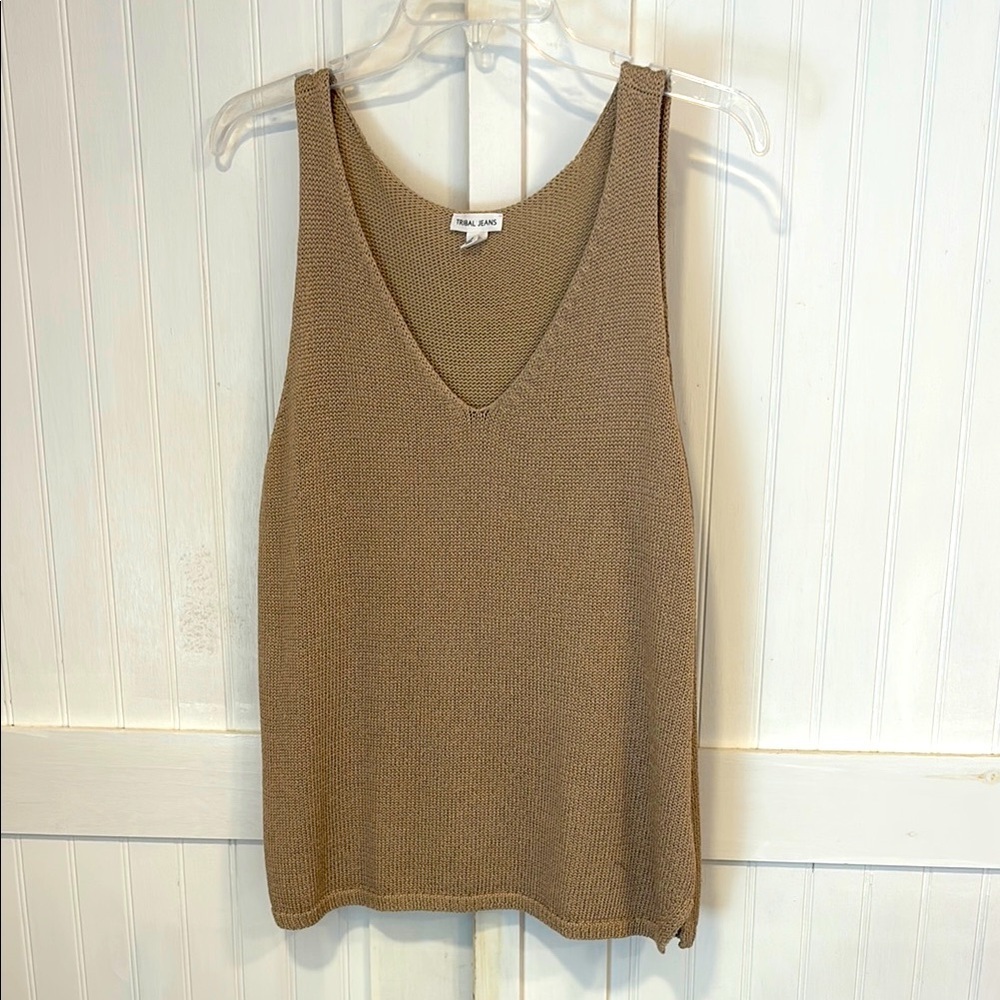 Tribal tan Ribbed knit Sleeveless Tank Top  with V-neck size L